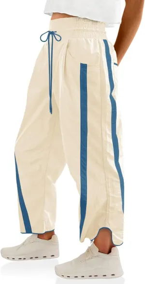 Fisoew Women's Baggy Wide Leg Pants Casual Drawstring Elastic Waisted Contrast Color Workout Y2K Track Pants
