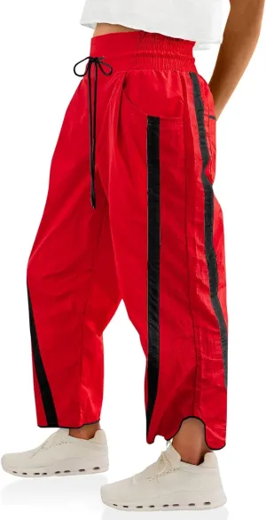 Fisoew Women's Baggy Wide Leg Pants Casual Drawstring Elastic Waisted Contrast Color Workout Y2K Track Pants