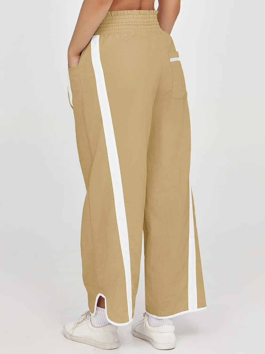 Fisoew Women's Baggy Wide Leg Pants Casual Drawstring Elastic Waisted Contrast Color Workout Y2K Track Pants