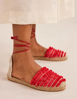 Flache Espadrilles mit Fransen-Zinnoberrot