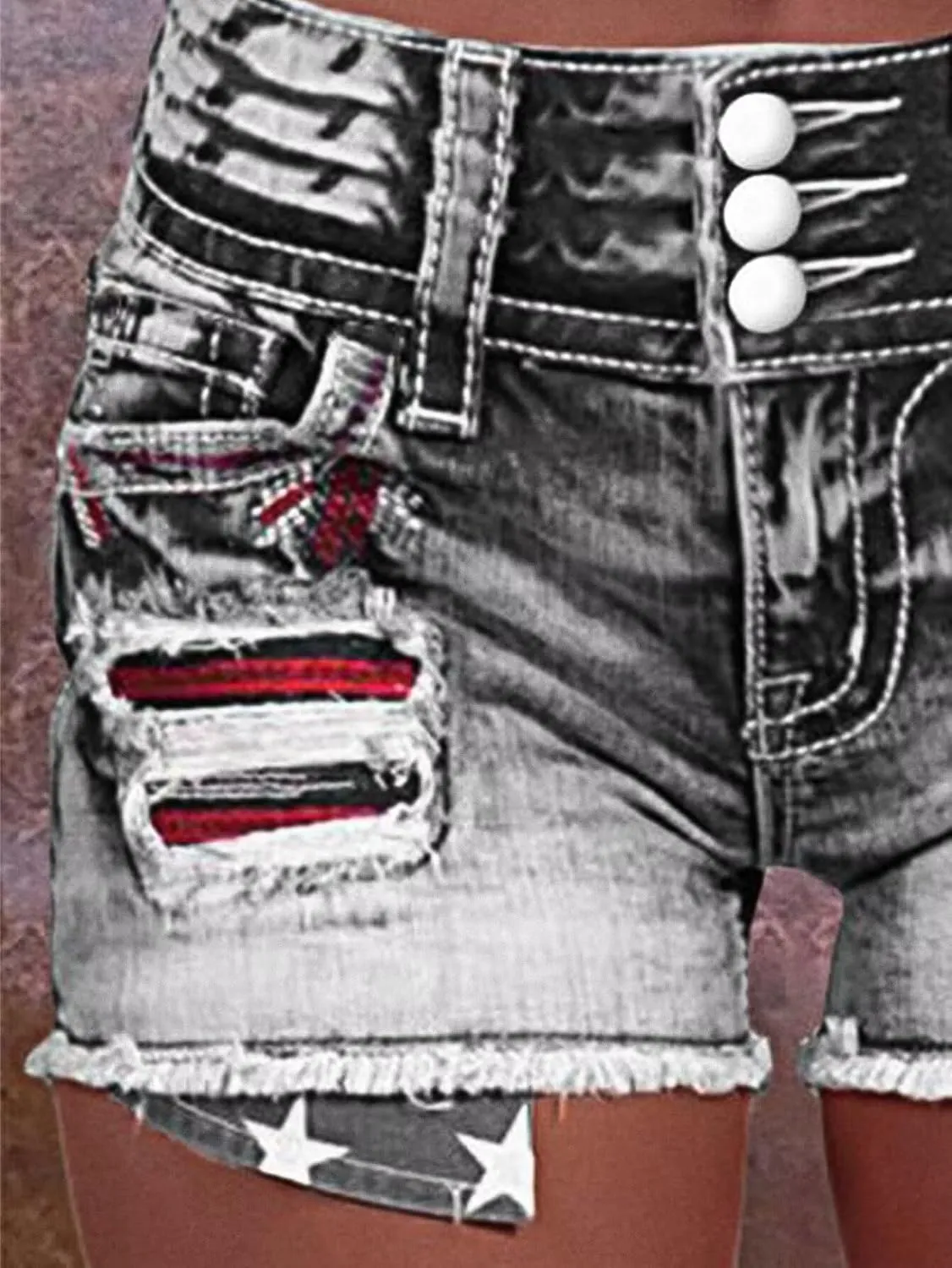 Flamingals Distressed Jean Shorts for Women High Waist American Flag Button Fly Raw Hem Denim Shorts