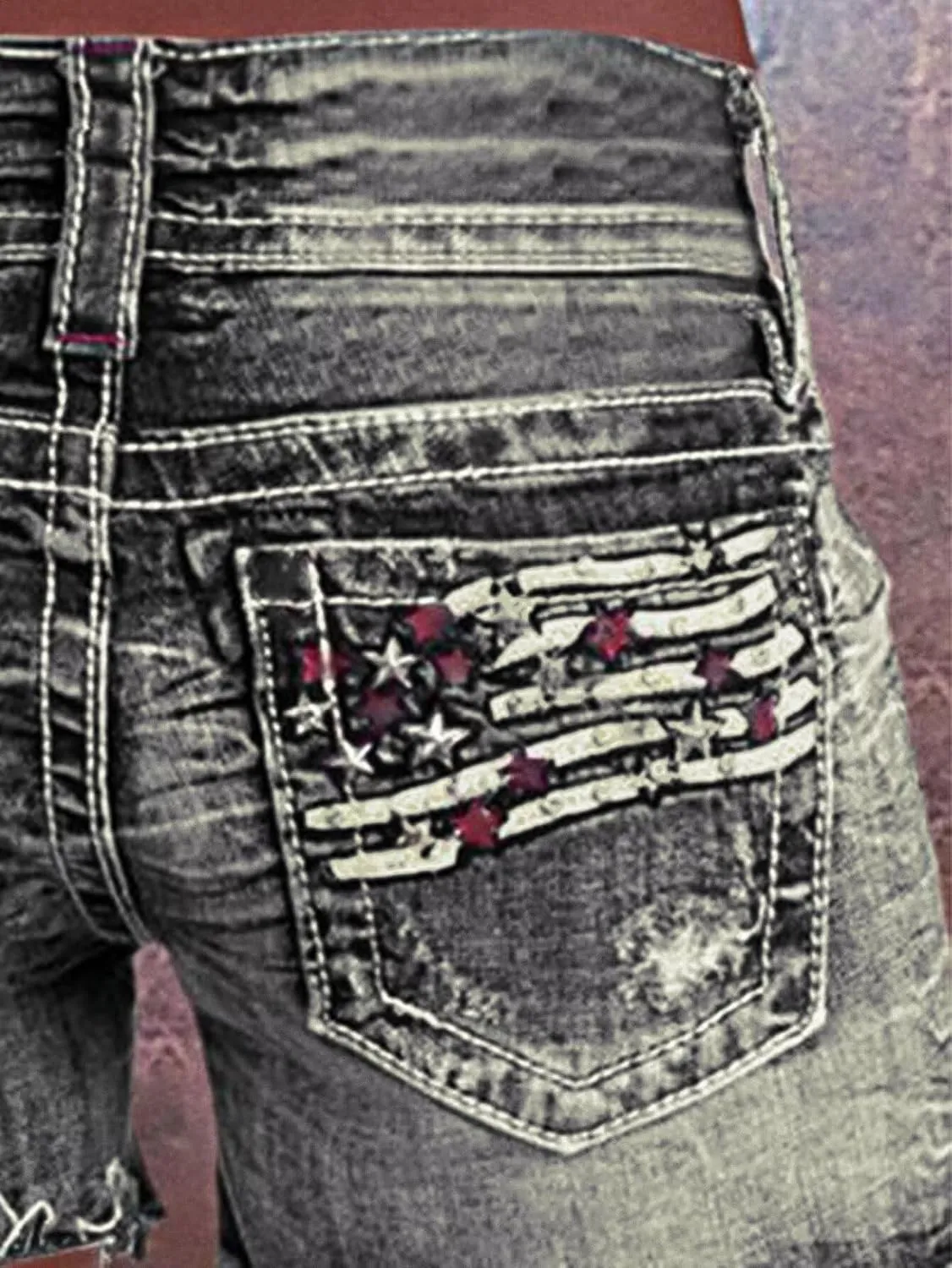 Flamingals Distressed Jean Shorts for Women High Waist American Flag Button Fly Raw Hem Denim Shorts