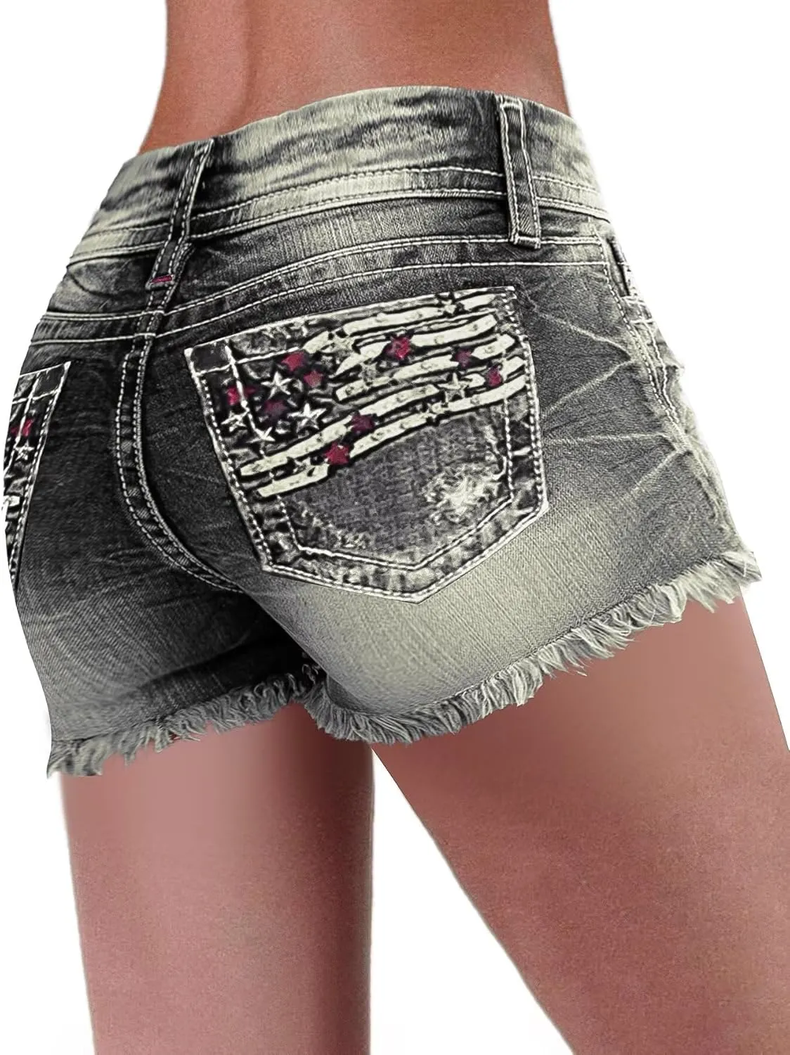 Flamingals Distressed Jean Shorts for Women High Waist American Flag Button Fly Raw Hem Denim Shorts