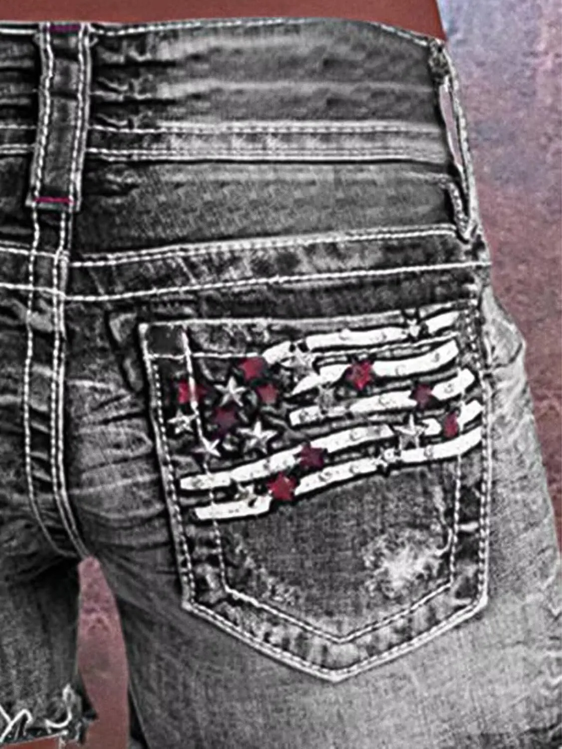Flamingals Distressed Jean Shorts for Women High Waist American Flag Button Fly Raw Hem Denim Shorts