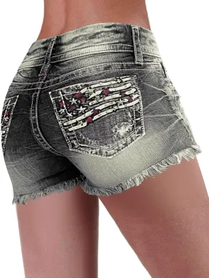 Flamingals Distressed Jean Shorts for Women High Waist American Flag Button Fly Raw Hem Denim Shorts