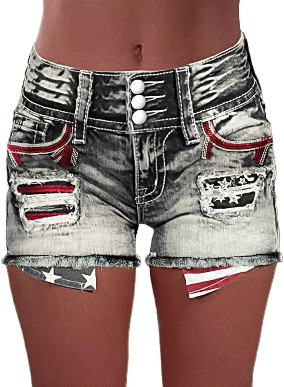 Flamingals Distressed Jean Shorts for Women High Waist American Flag Button Fly Raw Hem Denim Shorts