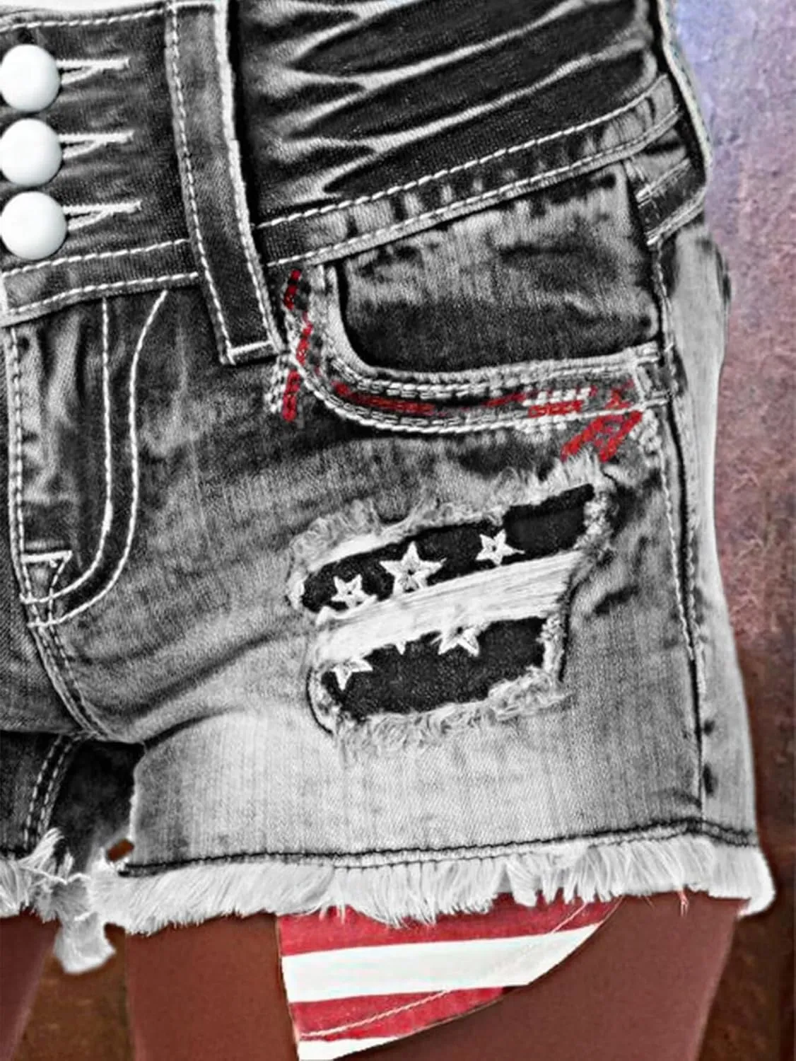 Flamingals Distressed Jean Shorts for Women High Waist American Flag Button Fly Raw Hem Denim Shorts