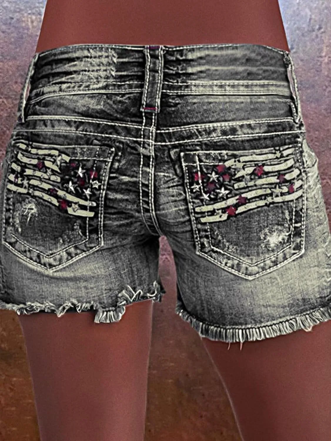 Flamingals Distressed Jean Shorts for Women High Waist American Flag Button Fly Raw Hem Denim Shorts
