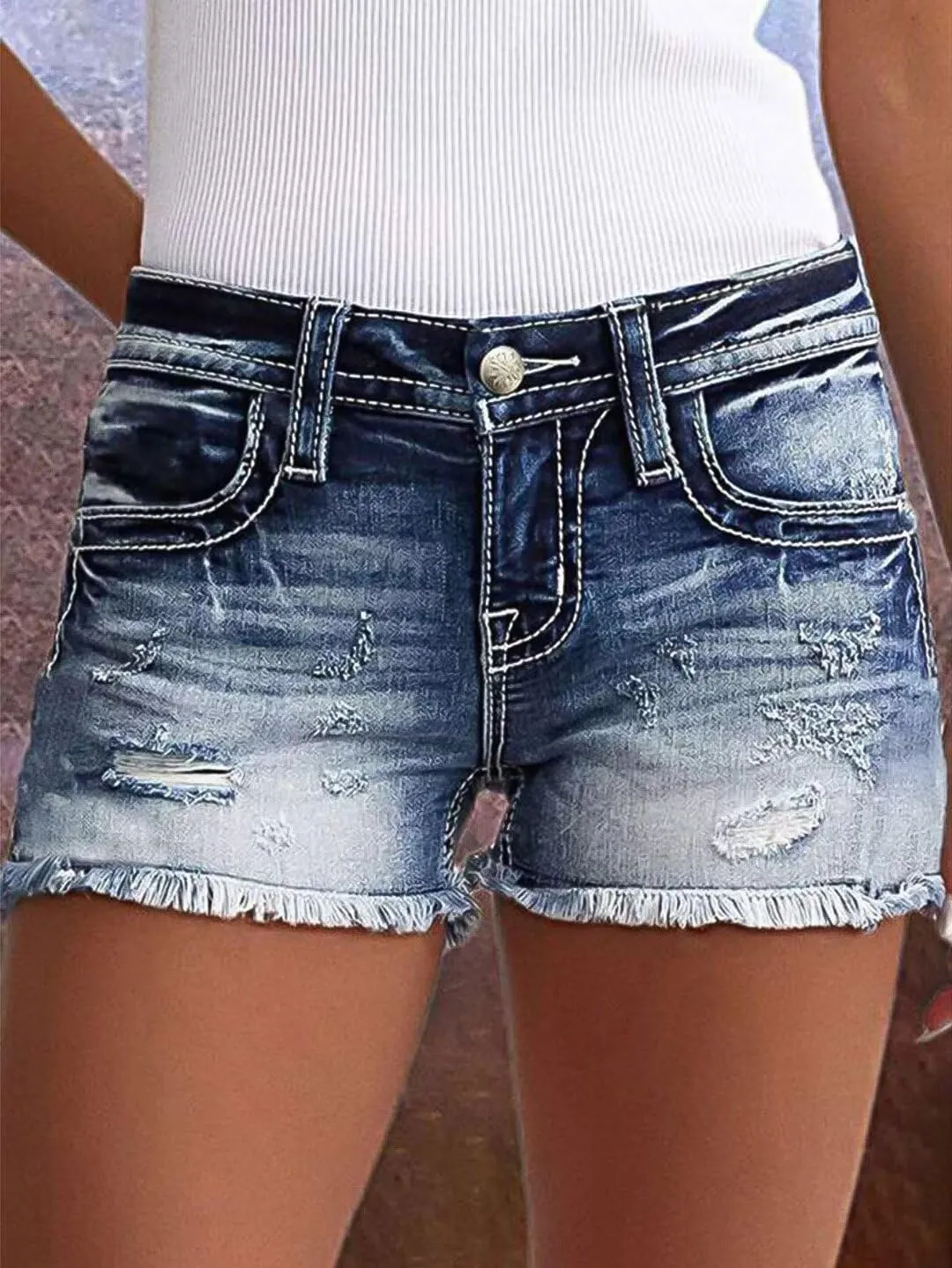 Flamingals Jean Shorts for Women Mid Waisted Stretchy Ripped Denim Shorts Raw Hem Curvy Summer Trendy Shorts