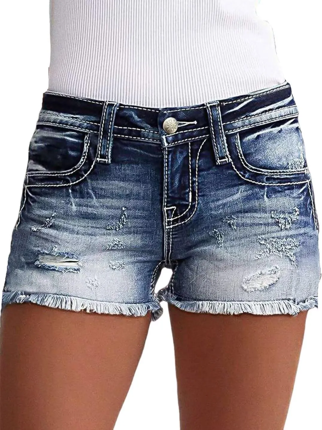 Flamingals Jean Shorts for Women Mid Waisted Stretchy Ripped Denim Shorts Raw Hem Curvy Summer Trendy Shorts