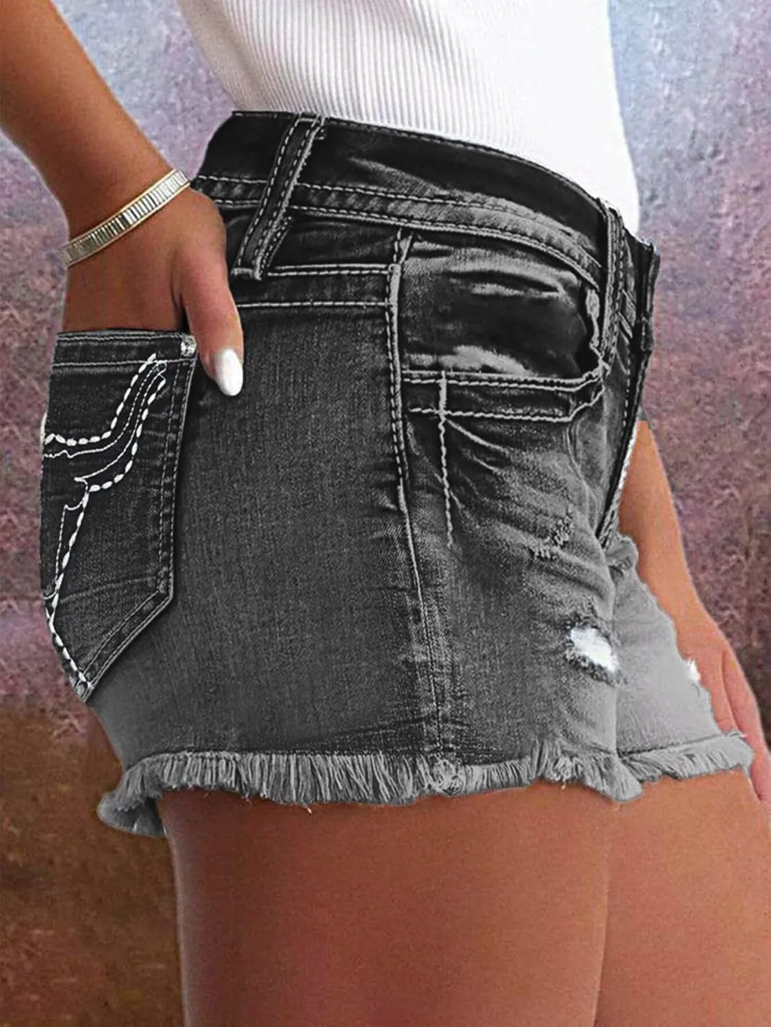 Flamingals Jean Shorts for Women Mid Waisted Stretchy Ripped Denim Shorts Raw Hem Curvy Summer Trendy Shorts