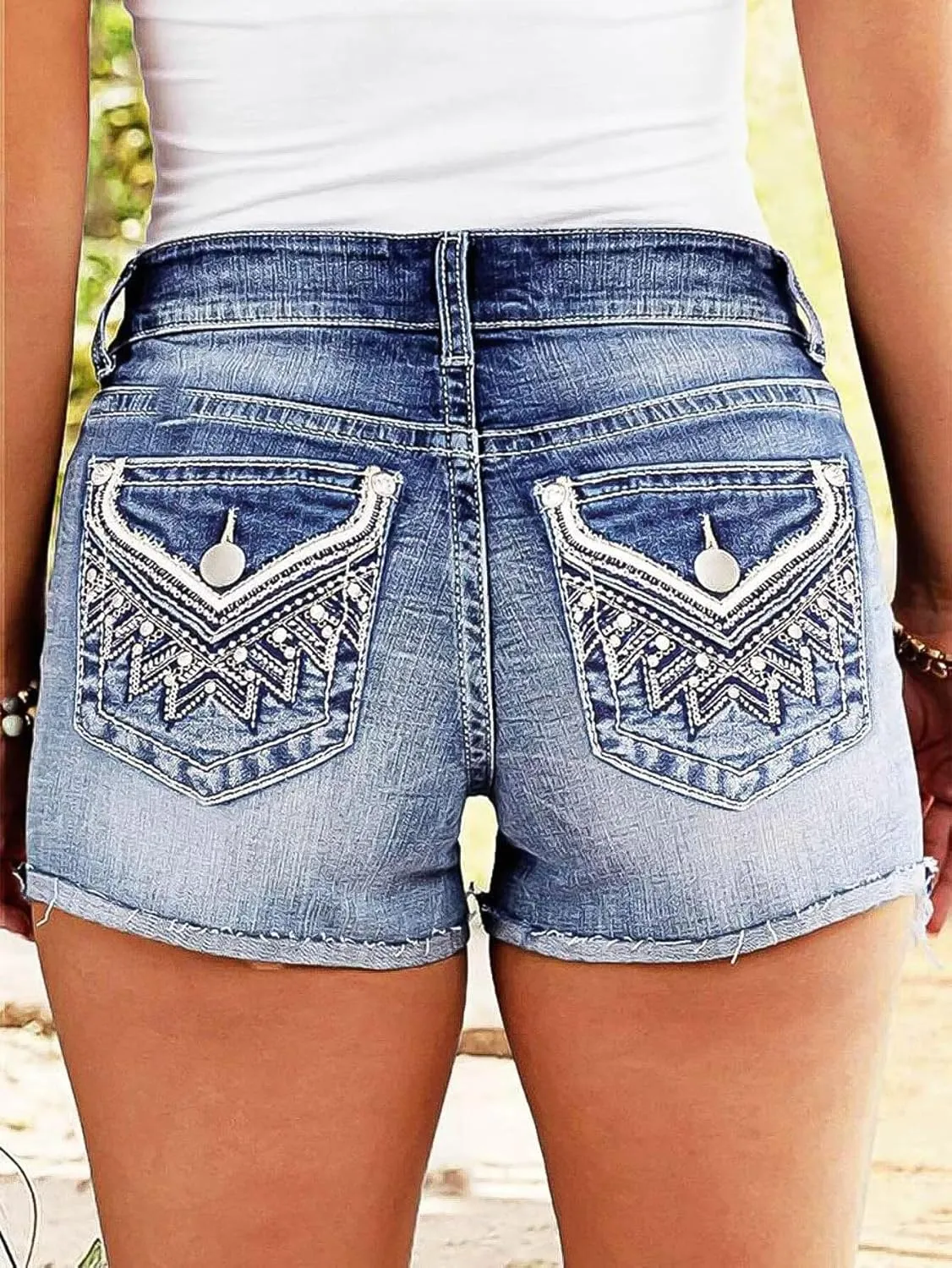 Flamingals Jean Shorts for Women Mid Waisted Stretchy Ripped Denim Shorts Raw Hem Curvy Summer Trendy Shorts