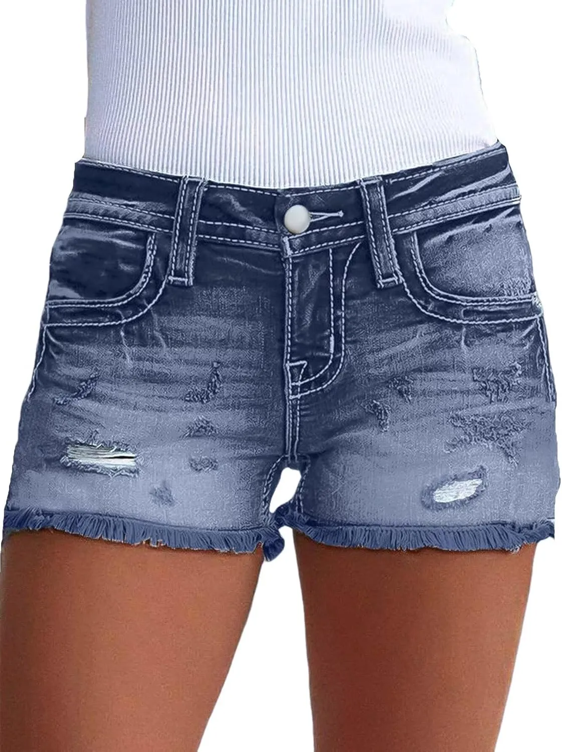 Flamingals Jean Shorts for Women Mid Waisted Stretchy Ripped Denim Shorts Raw Hem Curvy Summer Trendy Shorts