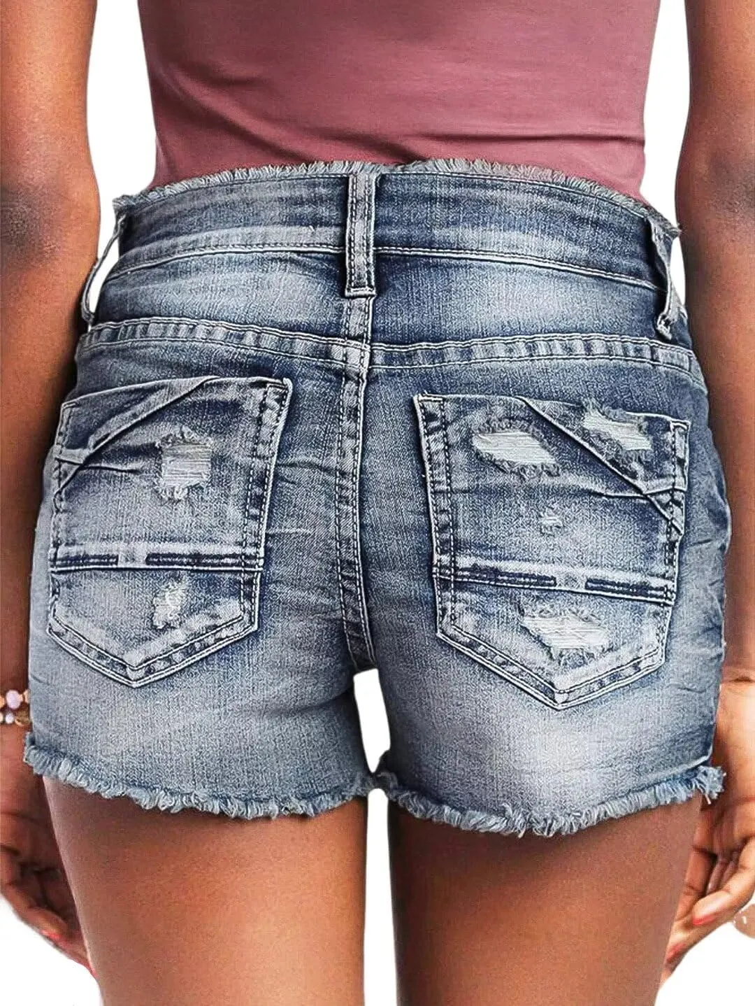 Flamingals Jean Shorts for Women Mid Waisted Stretchy Ripped Denim Shorts Raw Hem Curvy Summer Trendy Shorts