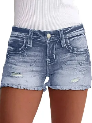 Flamingals Jean Shorts for Women Mid Waisted Stretchy Ripped Denim Shorts Raw Hem Curvy Summer Trendy Shorts