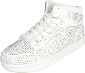 Flat Women High Top Fashion Sneakers Chelsea Shoes Lace Up Rhinestone Bling Crystals REXX-30