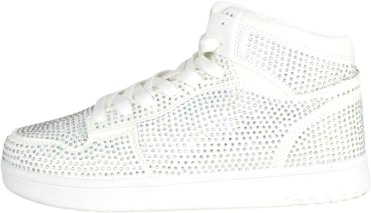 Flat Women High Top Fashion Sneakers Chelsea Shoes Lace Up Rhinestone Bling Crystals REXX-30