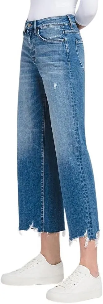 Flying Monkey Women's High-Rise Distressed Hem Cropped Wide Leg Jeans