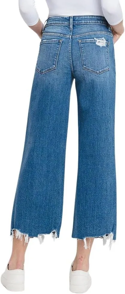 Flying Monkey Women's High-Rise Distressed Hem Cropped Wide Leg Jeans
