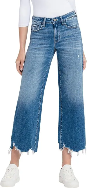 Flying Monkey Women's High-Rise Distressed Hem Cropped Wide Leg Jeans