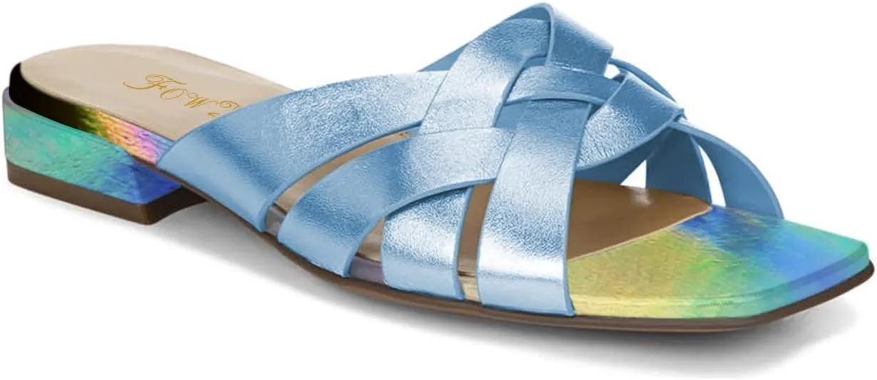FOWT Women’s Braided Slide Sandals Cross Strappy Flats Backless Square Open Toe Slippers Low Heels Slip On Golden Shoe Synthetic Leather Hollow Design for Driving Working Leisure Time Size 4-16 US