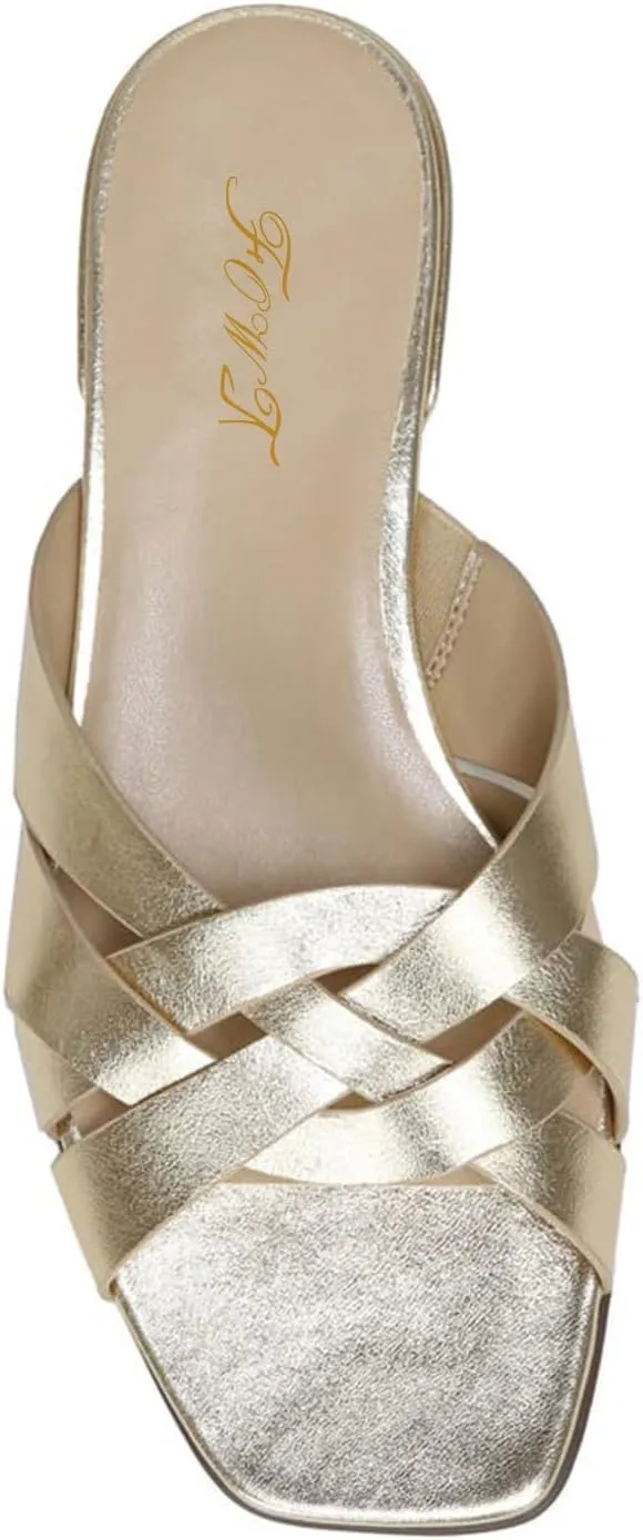 FOWT Women’s Braided Slide Sandals Cross Strappy Flats Backless Square Open Toe Slippers Low Heels Slip On Golden Shoe Synthetic Leather Hollow Design for Driving Working Leisure Time Size 4-16 US