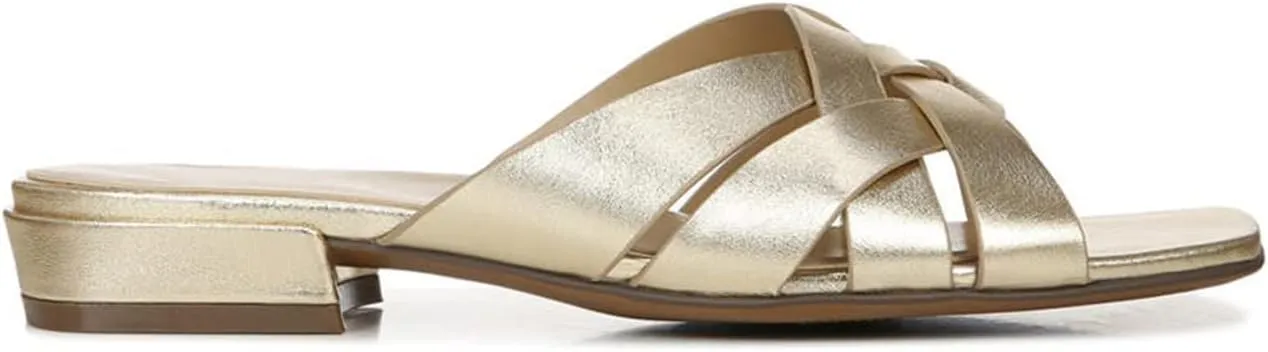 FOWT Women’s Braided Slide Sandals Cross Strappy Flats Backless Square Open Toe Slippers Low Heels Slip On Golden Shoe Synthetic Leather Hollow Design for Driving Working Leisure Time Size 4-16 US