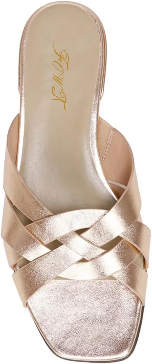 FOWT Women’s Braided Slide Sandals Cross Strappy Flats Backless Square Open Toe Slippers Low Heels Slip On Golden Shoe Synthetic Leather Hollow Design for Driving Working Leisure Time Size 4-16 US