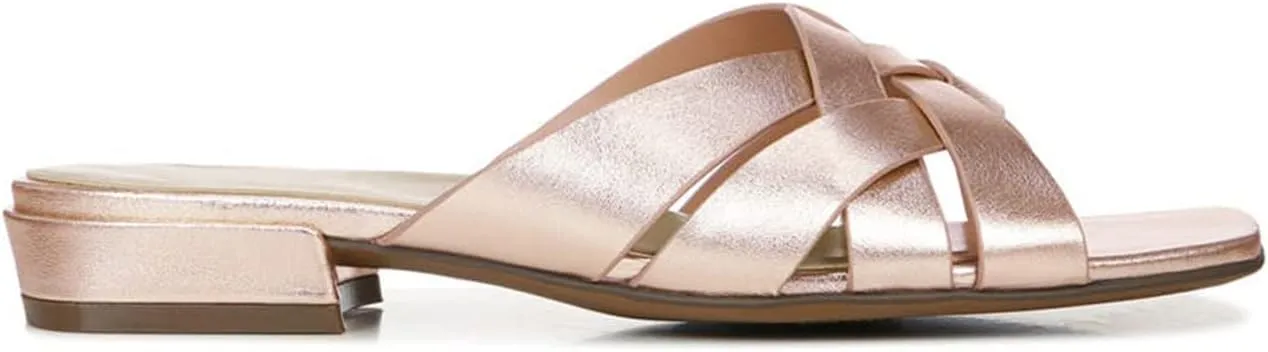 FOWT Women’s Braided Slide Sandals Cross Strappy Flats Backless Square Open Toe Slippers Low Heels Slip On Golden Shoe Synthetic Leather Hollow Design for Driving Working Leisure Time Size 4-16 US