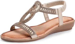 FRALOSHA Women's Flat Sandals Elastic Strap Rhinestone Casual Open Toe Slip-On Walking Sandals Summer Beach Comfort Shoe