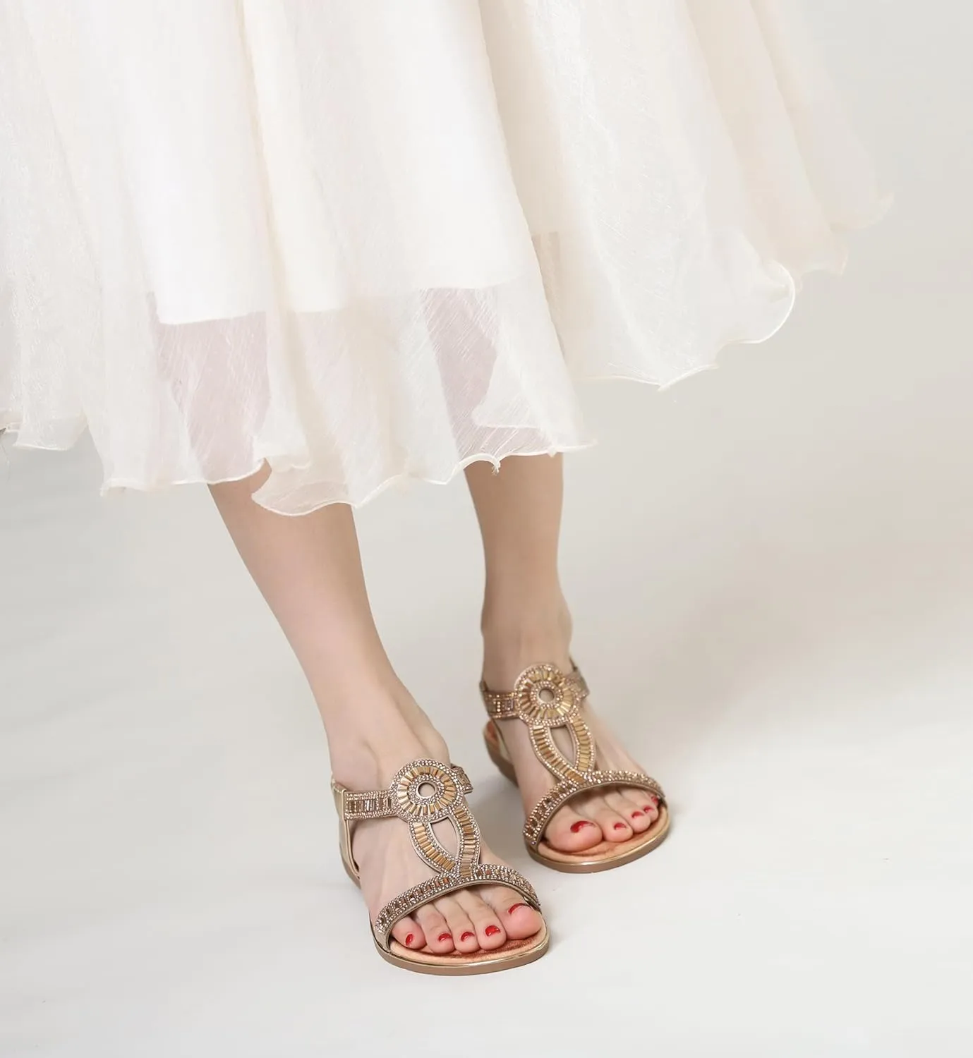 FRALOSHA Women's Flat Sandals Elastic Strap Rhinestone Casual Open Toe Slip-On Walking Sandals Summer Beach Comfort Shoe