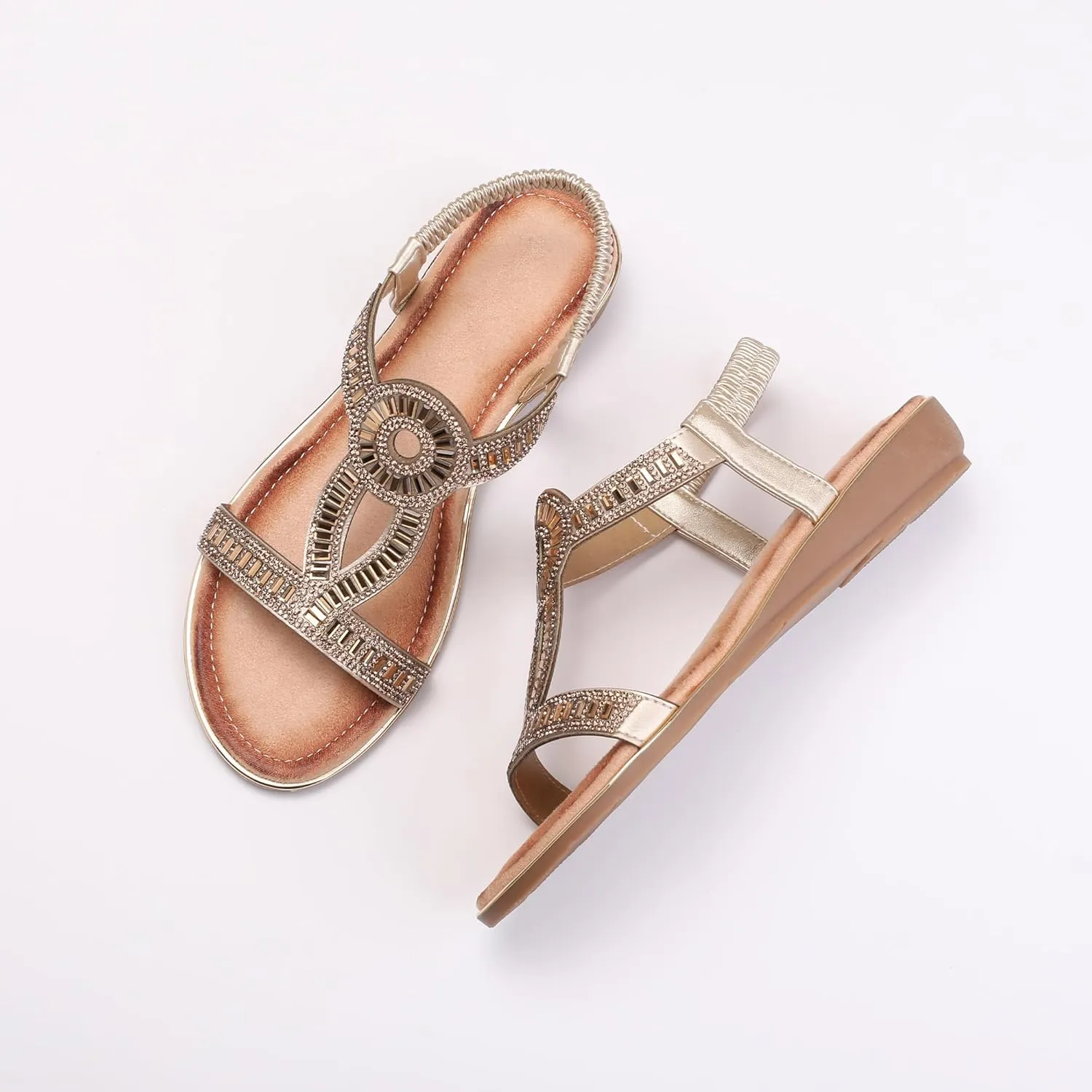 FRALOSHA Women's Flat Sandals Elastic Strap Rhinestone Casual Open Toe Slip-On Walking Sandals Summer Beach Comfort Shoe