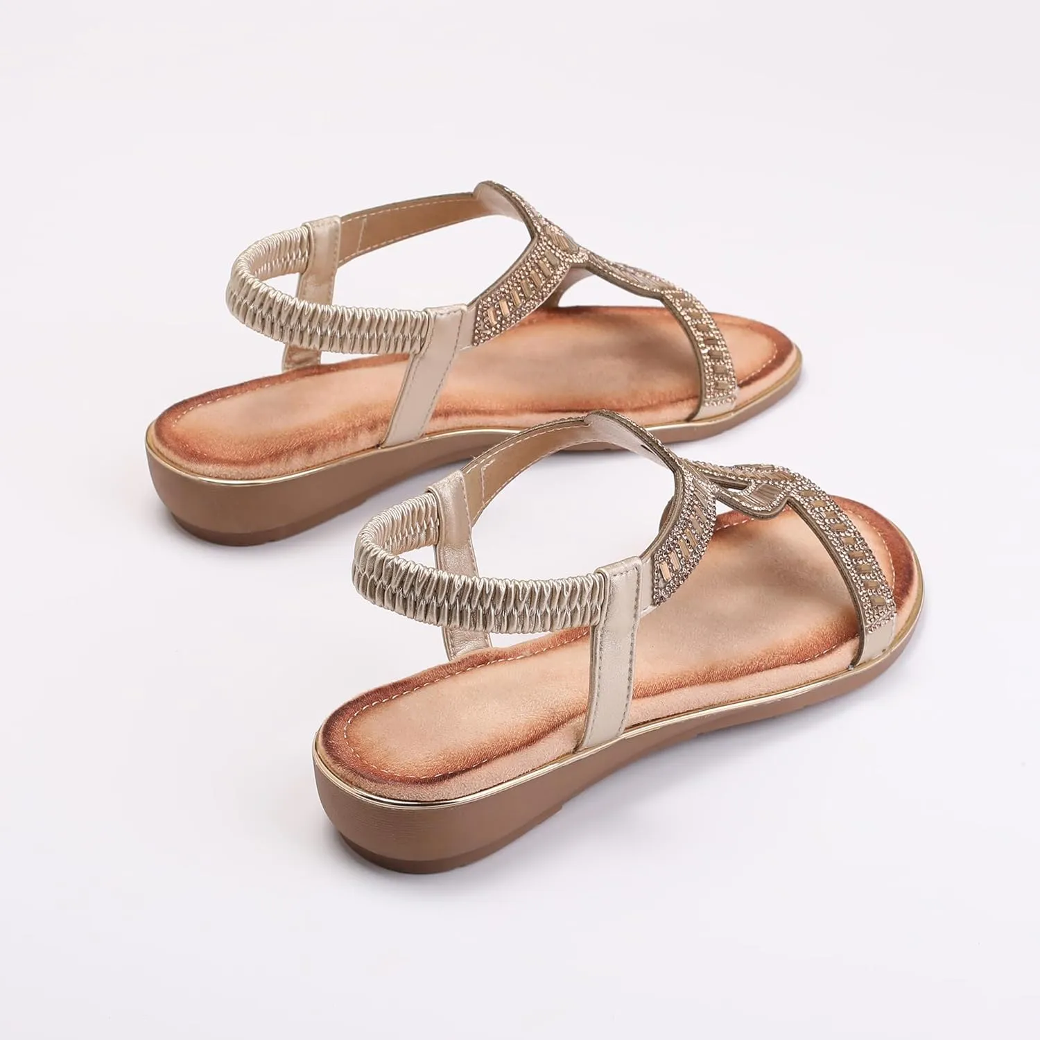 FRALOSHA Women's Flat Sandals Elastic Strap Rhinestone Casual Open Toe Slip-On Walking Sandals Summer Beach Comfort Shoe