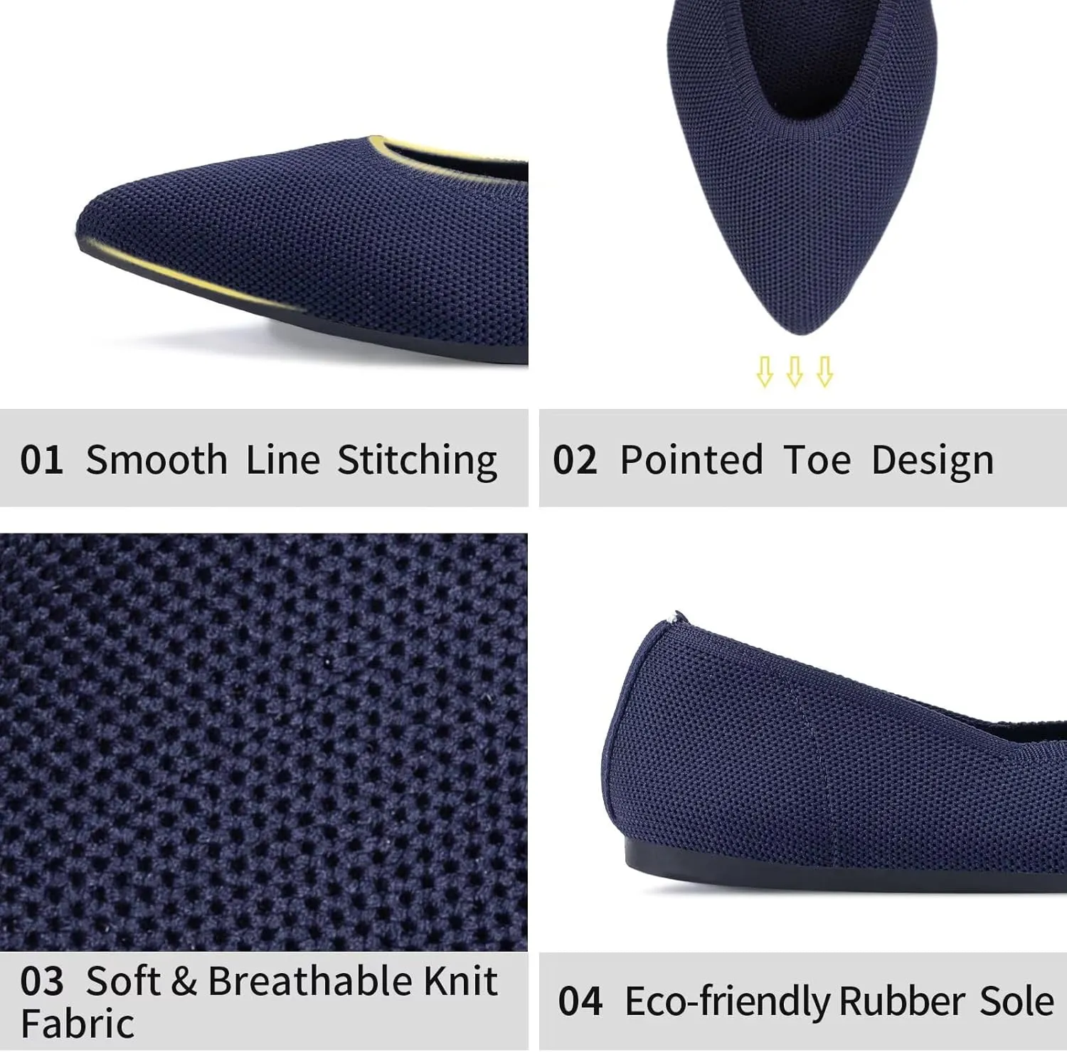 Frank Mully Womens Pointed Toe Flats Knit Dress Shoes Comfort Women Shoes Slip On Shoes for Woman Classic Softable Shoes Low Wedge