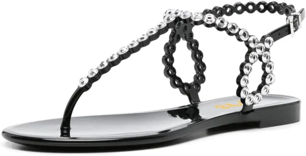 FYS Women Round Split Toe Sandals Rivet Studded Strappy Flats Cool Summer Beach Casual Shoes Size 4-16 US