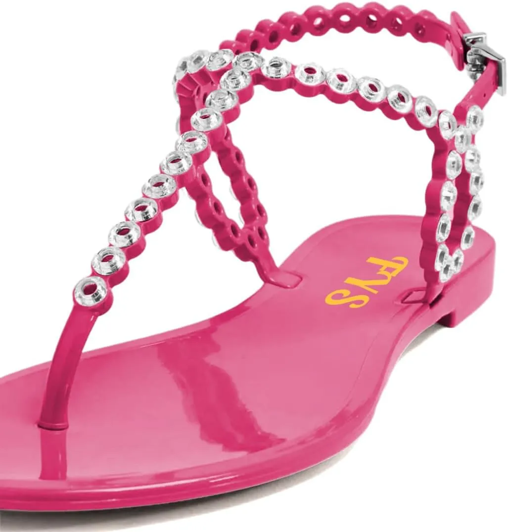 FYS Women Round Split Toe Sandals Rivet Studded Strappy Flats Cool Summer Beach Casual Shoes Size 4-16 US
