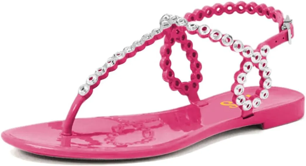 FYS Women Round Split Toe Sandals Rivet Studded Strappy Flats Cool Summer Beach Casual Shoes Size 4-16 US