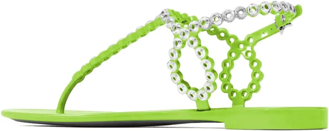 FYS Women Round Split Toe Sandals Rivet Studded Strappy Flats Cool Summer Beach Casual Shoes Size 4-16 US