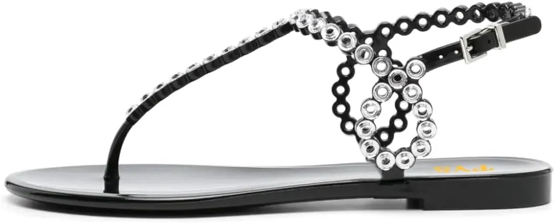 FYS Women Round Split Toe Sandals Rivet Studded Strappy Flats Cool Summer Beach Casual Shoes Size 4-16 US