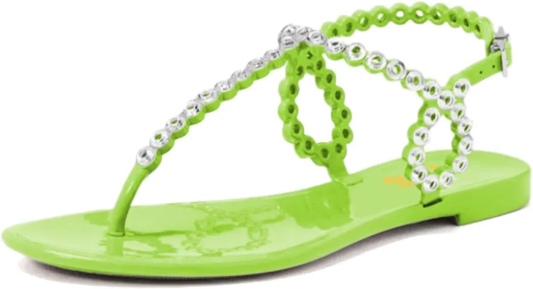 FYS Women Round Split Toe Sandals Rivet Studded Strappy Flats Cool Summer Beach Casual Shoes Size 4-16 US