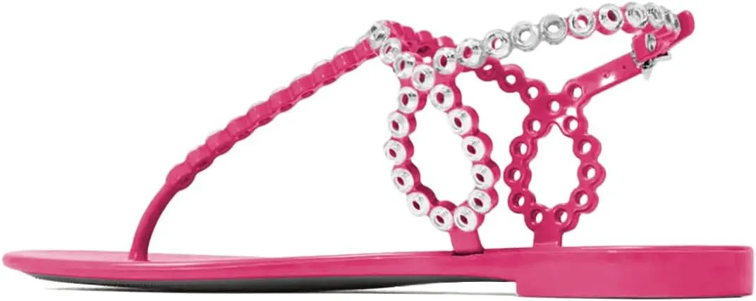 FYS Women Round Split Toe Sandals Rivet Studded Strappy Flats Cool Summer Beach Casual Shoes Size 4-16 US