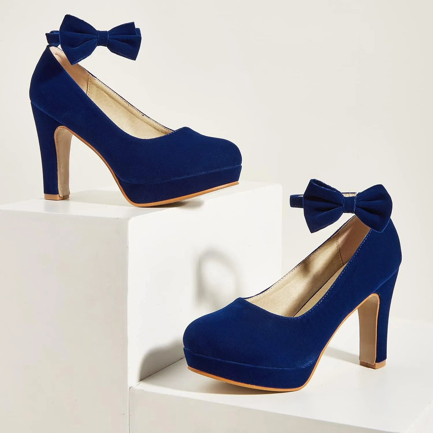 GATUXUS Women's Platform High Heel Dress Pumps Ankle Strap Bow Chunky Heels Shoes for Party Wedding Prom