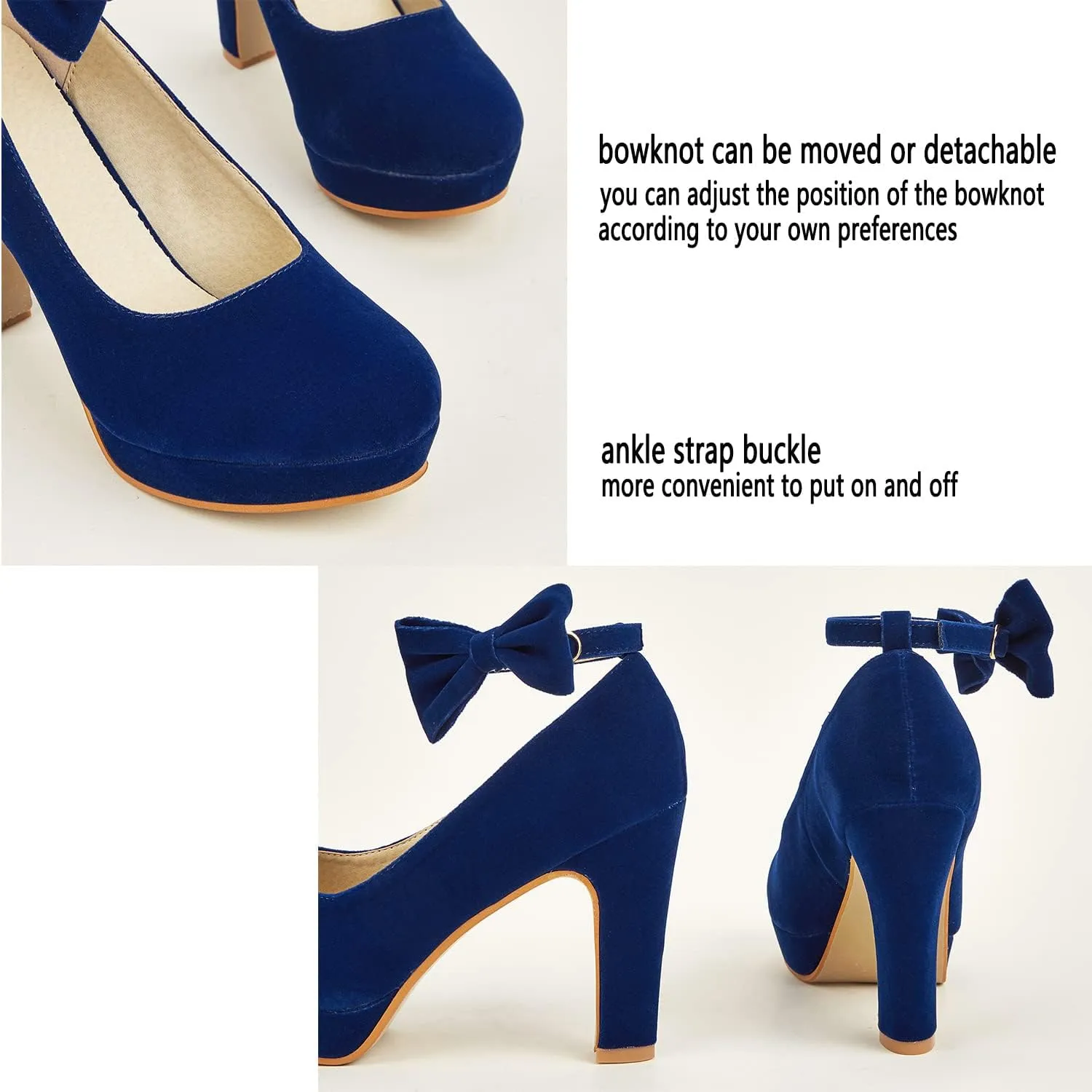 GATUXUS Women's Platform High Heel Dress Pumps Ankle Strap Bow Chunky Heels Shoes for Party Wedding Prom