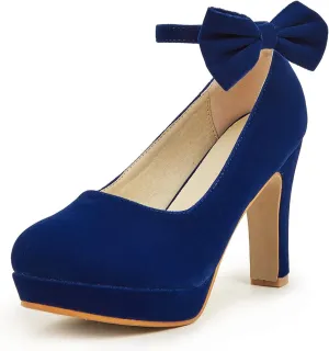 GATUXUS Women's Platform High Heel Dress Pumps Ankle Strap Bow Chunky Heels Shoes for Party Wedding Prom