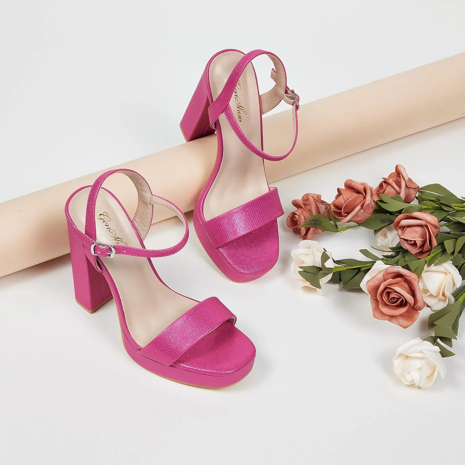 GENSHUO Platform 5 inch High Heels for Women Block Chunky High Heeled Sandals Square Open Toe Ankle Strap Glitter Sexy Shoes for Wedding Party Prom Dance