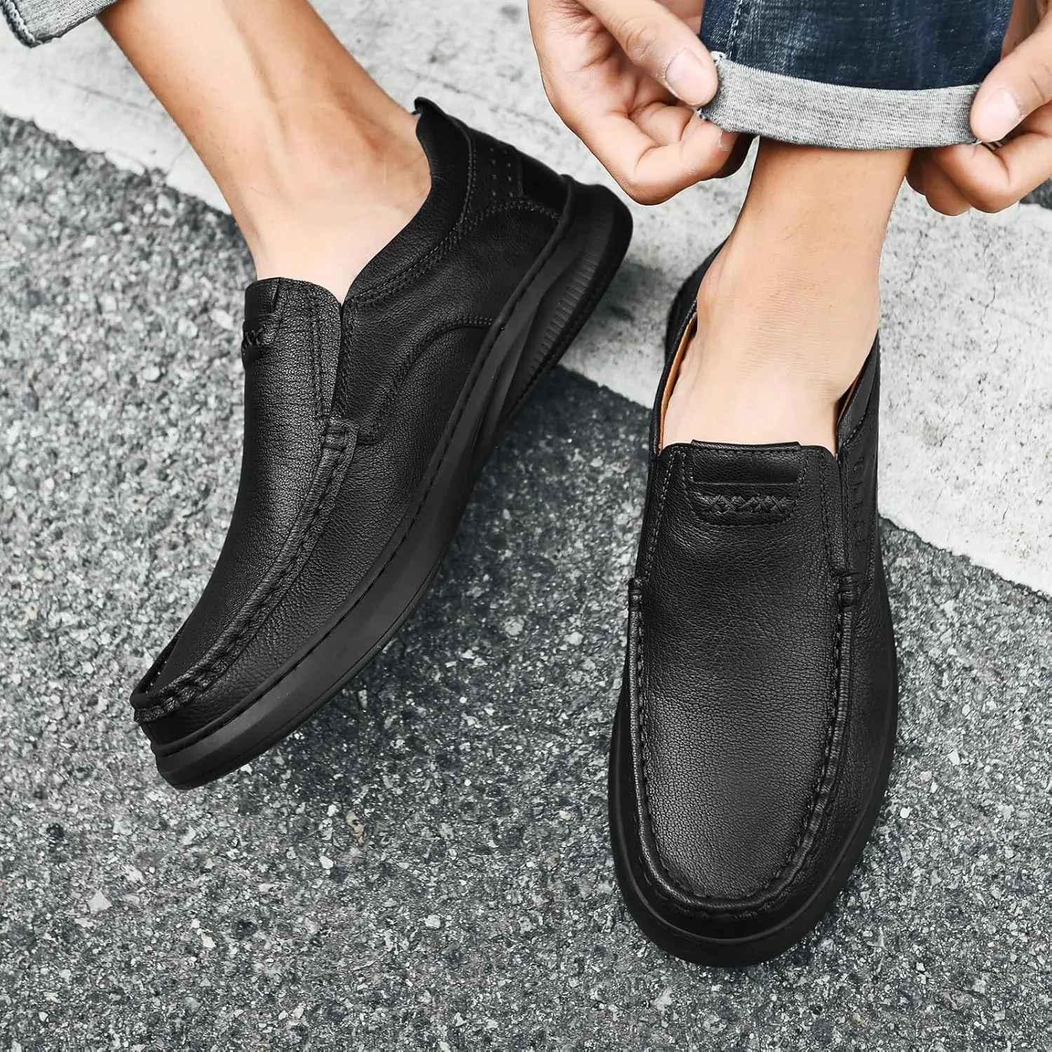 Genuine Leather Slip-On Loafer Dress Shoes for Men，Men's Casual Shoes ，Leather Lining, Rubber Outsole