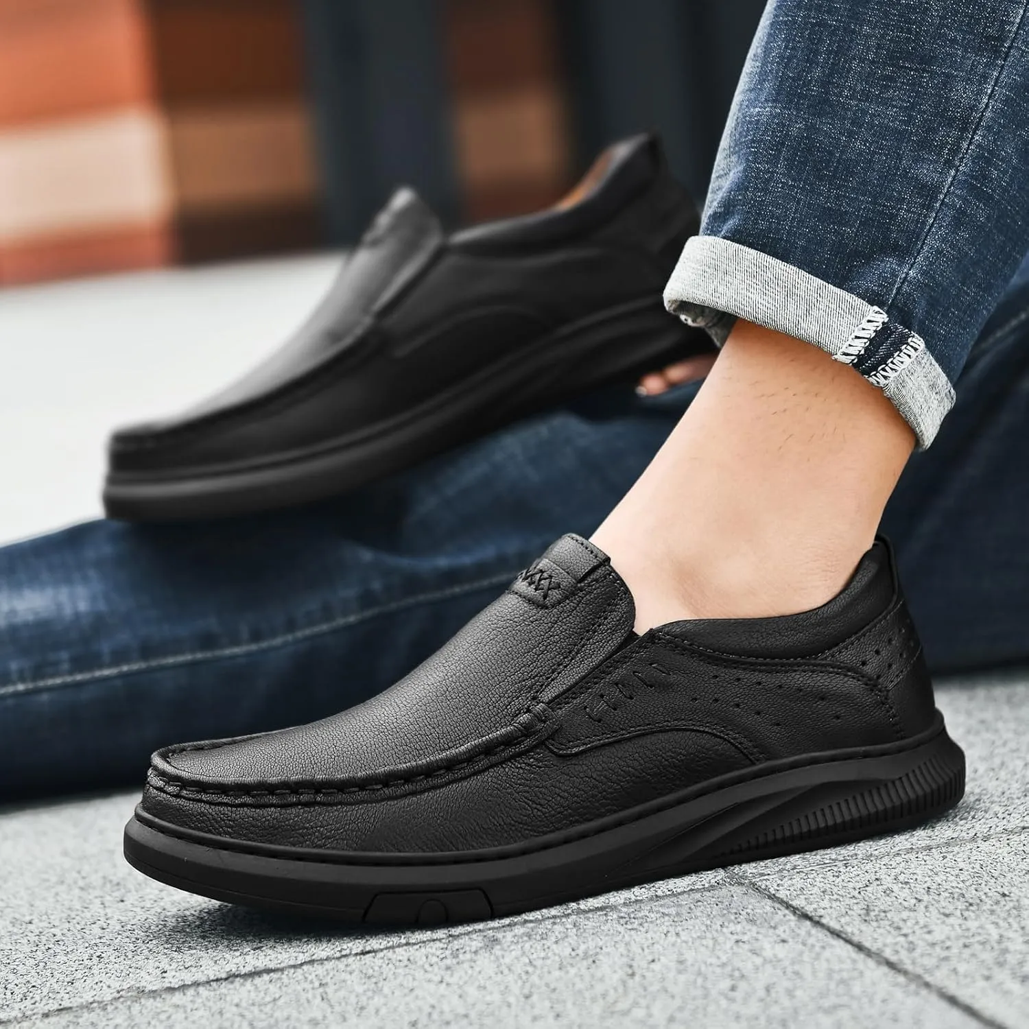 Genuine Leather Slip-On Loafer Dress Shoes for Men，Men's Casual Shoes ，Leather Lining, Rubber Outsole