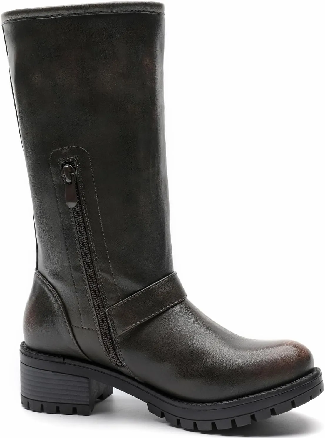GLOBALWIN Chunky Mid Calf Fashion Dressy Motocycle Biker Military Style Combat Boots for Women Low Heel
