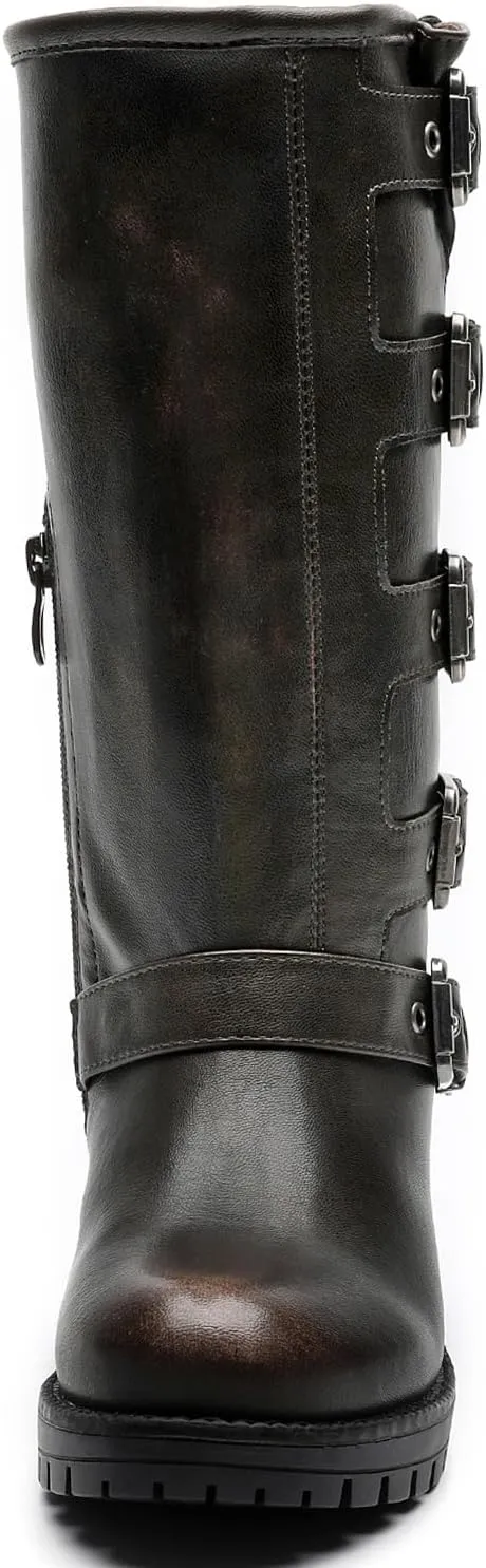 GLOBALWIN Chunky Mid Calf Fashion Dressy Motocycle Biker Military Style Combat Boots for Women Low Heel