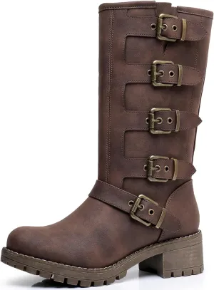 GLOBALWIN Chunky Mid Calf Fashion Dressy Motocycle Biker Military Style Combat Boots for Women Low Heel